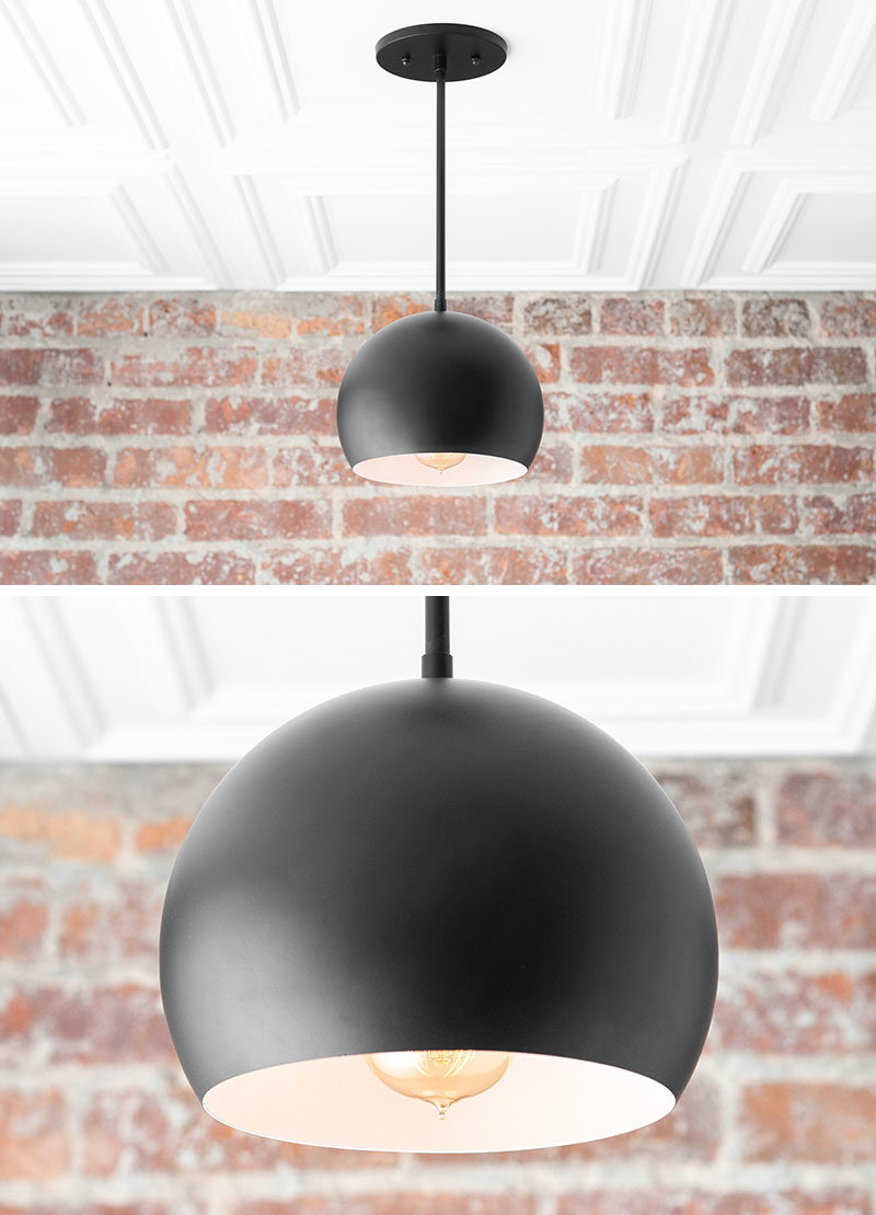 Modern Lighting Ideas - Drawing inspiration from mid-century lighting, this matte black modern lighting collection includes pendant lights, vanity lights, and table lamps, and has orb-shaped shades. #LightingIdeas #ModernLighting #MatteBlackLighting #MidCenturyLighting