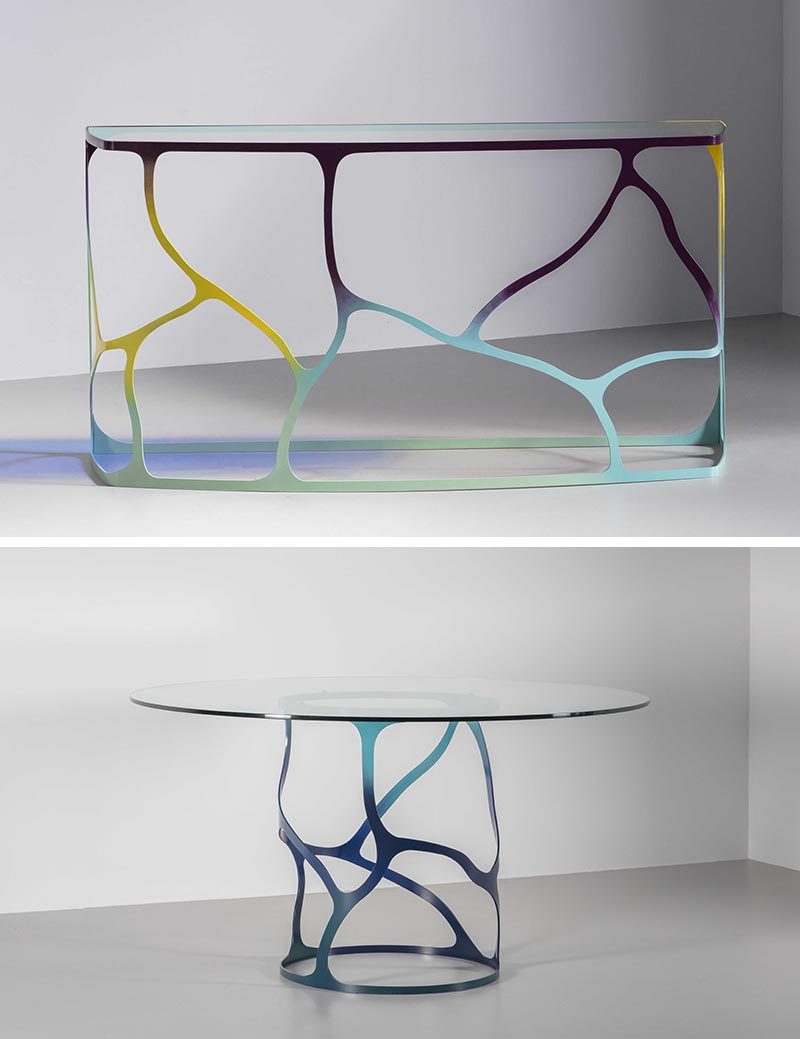 These sculptural furniture designs are made made from water cut steel or aluminum, and has an ombre appearance, with the colors fading seamlessly in and out of each other. #SculpturalFurniture #FurnitureDesign #Design