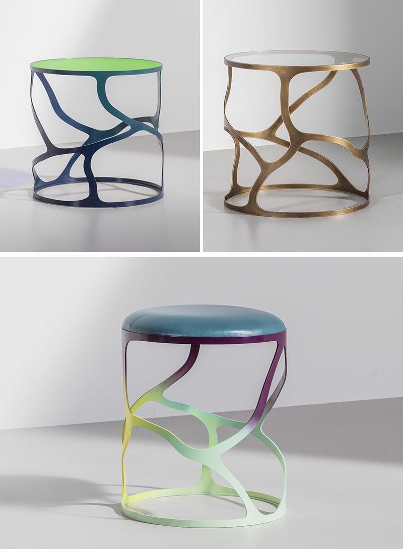 These sculptural furniture designs are made made from water cut steel or aluminum, and has an ombre appearance, with the colors fading seamlessly in and out of each other. #SculpturalFurniture #FurnitureDesign #Design