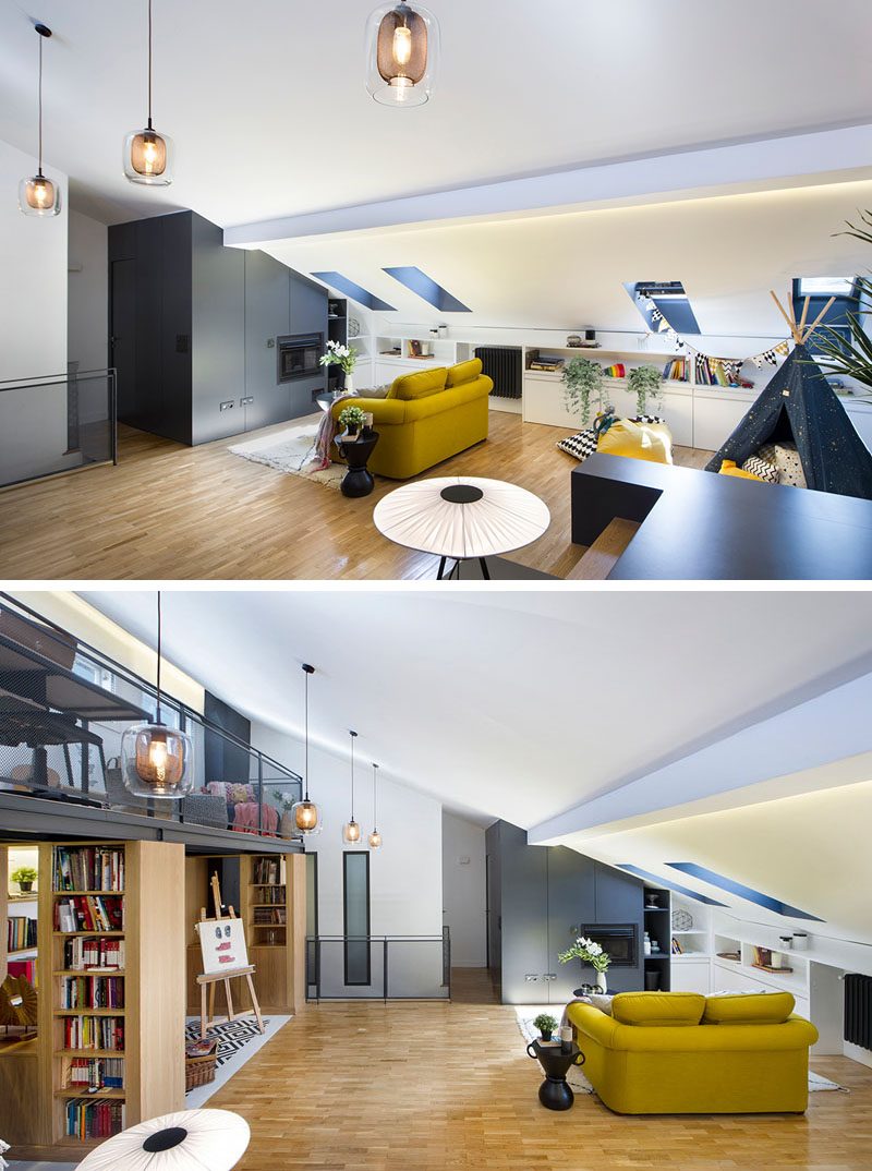 Design firm Egue y Seta, has recently completed an attic renovation that includes a living room and mezzanine with a home office. #AtticRenovation #InteriorDesign #ModernInterior