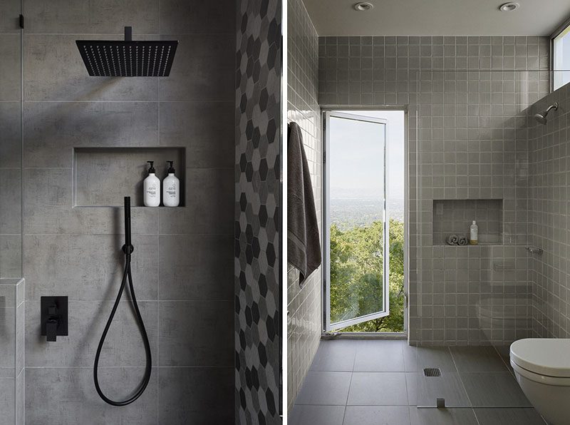 Shower Niche Ideas - If you want your shower niche to have a seamless finish, consider using the exact same tile that you have on the walls that surround it. This way the shower niche with blend in, and not draw attention away from other focal points, like the hexagonal tile accent wall or the vertical window in the bathroom photos below. #ShowerNiche #ShowerShelf #ShowerAlcove #ShowerNicheIdeas