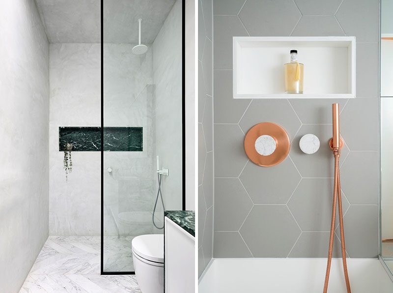 Contrasting Shower Niches - A shower niche that's lined with a contrasting material or color draws attention to the shower. To create a contrasting look, choose the opposite color. For example, if you have a lighter shower, line your shower niche with a darker materials, alternatively, if you have darker shower, use lighter materials. #ShowerNiche #ShowerShelf #ShowerAlcove #ShowerNicheIdeas