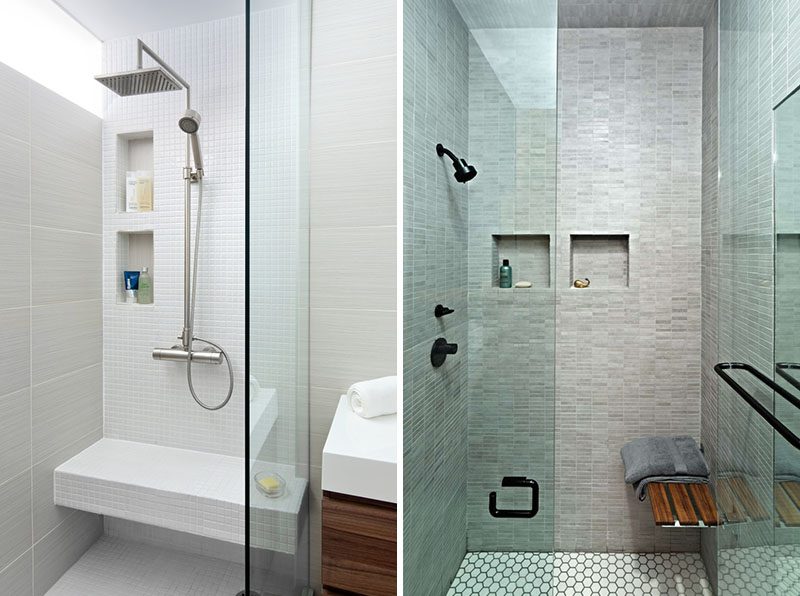 Multiple Shower Niches - Why have just one, when you can have two. Having multiple shower niches allows for more storage, and if you share a bathroom, each person can have their own shelf. Multiple shower niches positioned vertically can also solve the problem of having shelves at different heights for taller and short family members. #ShowerNiche #ShowerShelf #ShowerAlcove #ShowerNicheIdeas