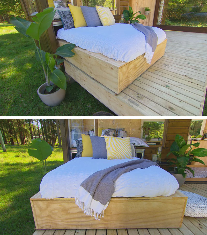 Tiny House Ideas - This modern tiny house has a deck with a daybed that slides out from within the frame. #TinHouseIdeas #TinyHouseDeck #TinyHouseDesign #Daybed 