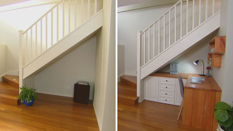 make use of the underspace of your interior staircase by adding storage cabinets and drawers