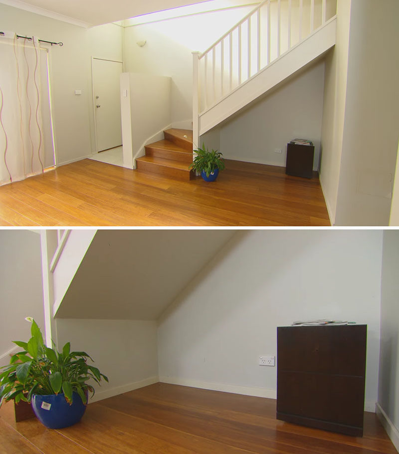 Storage Ideas - Using flat-pack kitchen cabinets in different sizes, a butcher block countertop, and floating wood shelves, this empty space under the stairs was transformed into storage area and small home office. #StorageIdeas #UnderStairStorage #HomeOffice #HomeworkStation #StairStorage #InteriorDesign