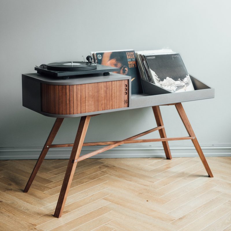 Record Storage Ideas - Norwegian furniture brand HRDL, has designed The Vinyl Table, a modern console that shows off the turntable and displays your record collection. #RecordStorage #Records #Music #Turntable #RecordDisplay