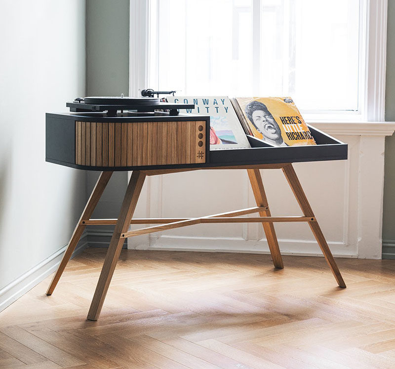 Record Storage Ideas - Norwegian furniture brand HRDL, has designed The Vinyl Table, a modern console that shows off the turntable and displays your record collection. #RecordStorage #Records #Music #Turntable #RecordDisplay