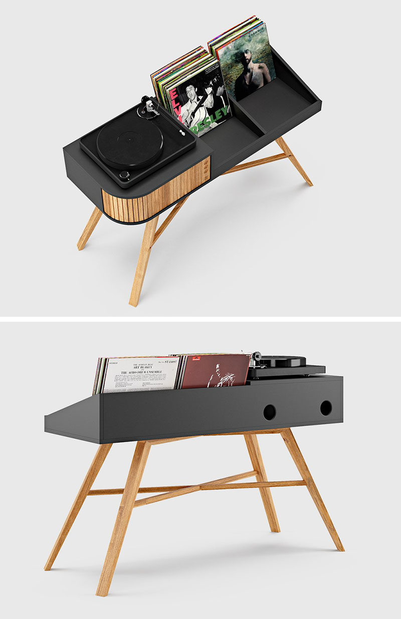Record Storage Ideas - Norwegian furniture brand HRDL, has designed The Vinyl Table, a modern console that shows off the turntable and displays your record collection. #RecordStorage #Records #Music #Turntable #RecordDisplay