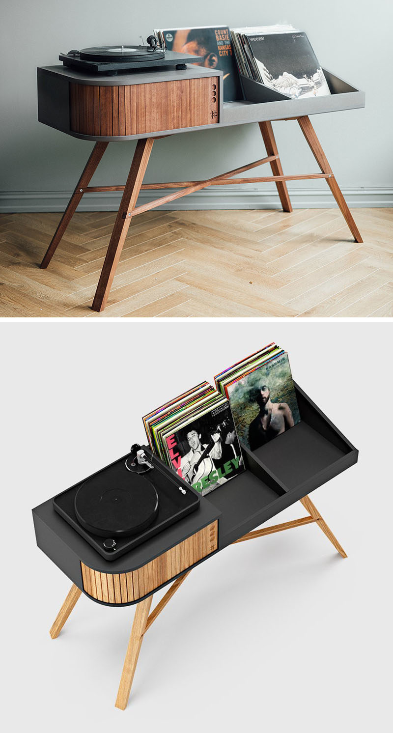 Record Storage Ideas - Norwegian furniture brand HRDL, has designed The Vinyl Table, a modern console that shows off the turntable and displays your record collection. #RecordStorage #Records #Music #Turntable #RecordDisplay