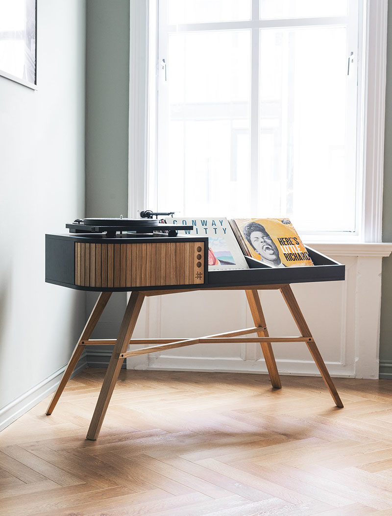 Record Storage Ideas - Norwegian furniture brand HRDL, has designed The Vinyl Table, a modern console that shows off the turntable and displays your record collection. #RecordStorage #Records #Music #Turntable #RecordDisplay