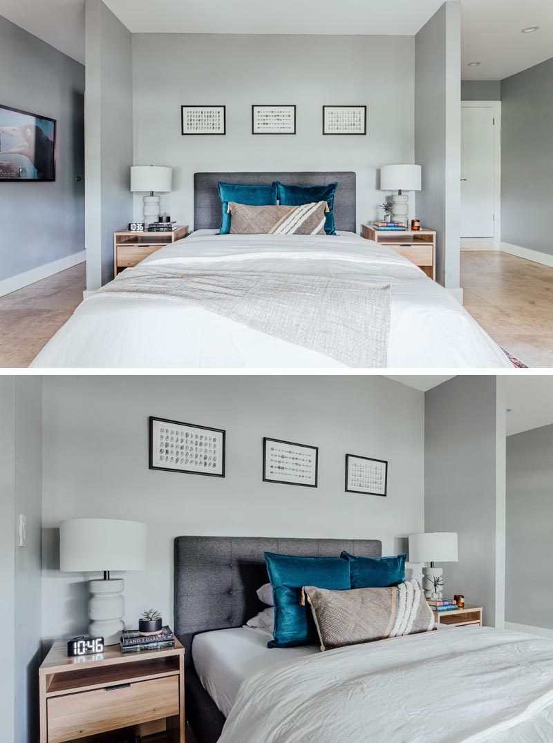 This contemporary guest room has calming grey walls, which are adorned with simple artwork. The alcove is home to a single larger bed with two bedside tables. #GuestRoom #GuestBedroom #InteriorDesign