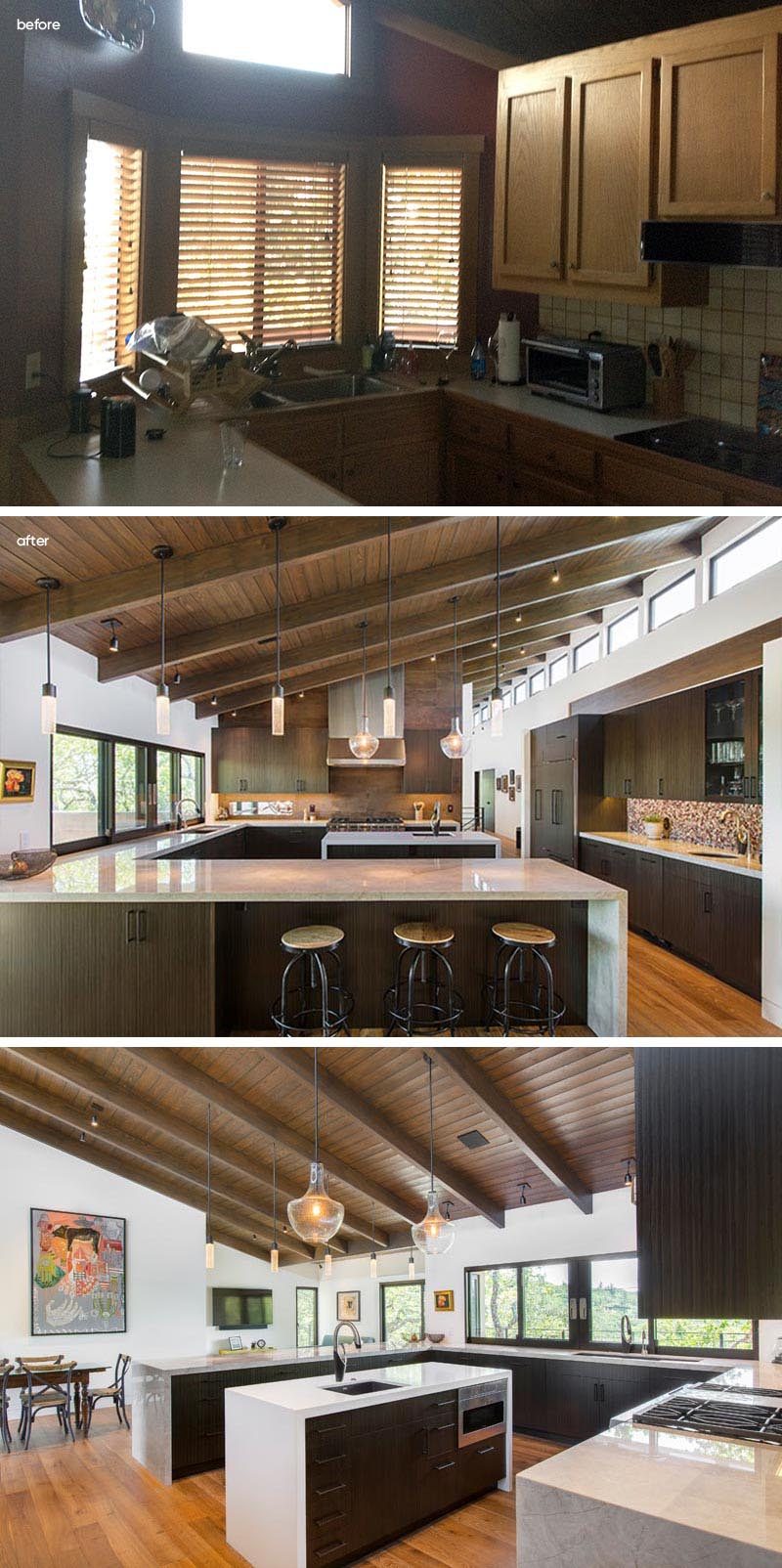 Before & After - Prior to the renovation, the kitchen was small and dark. The new kitchen is expansive and bright with rows of windows, plenty of cabinets, and a central island. #KitchenRenovation #KitchenDesign #ModernKitchen