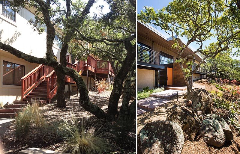 Before & After - The front door which was originally on the upper floor of the house has been relocated to the ground floor, and the new landscaping includes a path to the colorful front door. #ModernHouse #Landscaping #FrontDoor