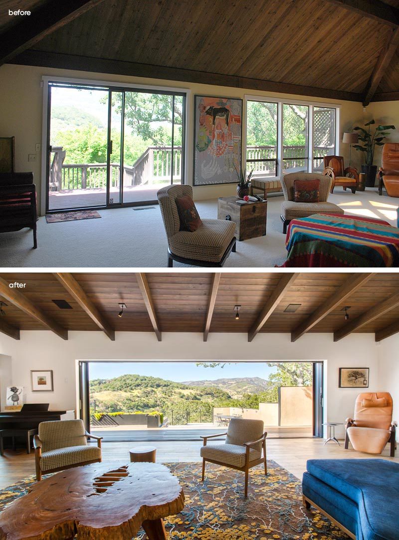 Before & After - In the living room, separate windows and doors have been replaced with a single large opening with glass doors that open to the deck. #LivingRoom #Doors #Renovation