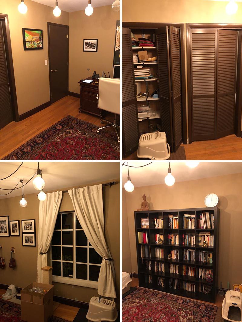 Before Photos - A dark home office has been transformed into a blue and white boy's bedroom with a custom bookshelf and desk. #BedroomRenovation #BedroomMakeover #BoysBedroom #ModernBedroom #BedroomDesign