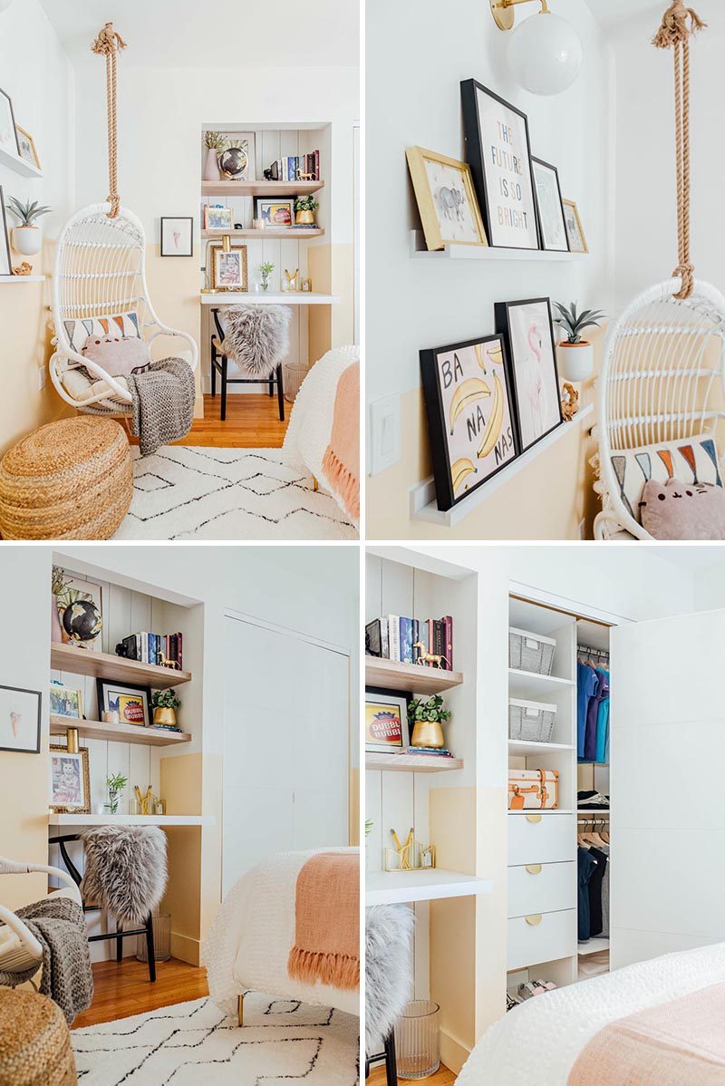 This modern bedroom features a color palette of white paneling and soft peach with planters, metallic accents, and natural materials. #ModernBedroom #BedroomDesign #BedroomIdeas #InteriorDesign