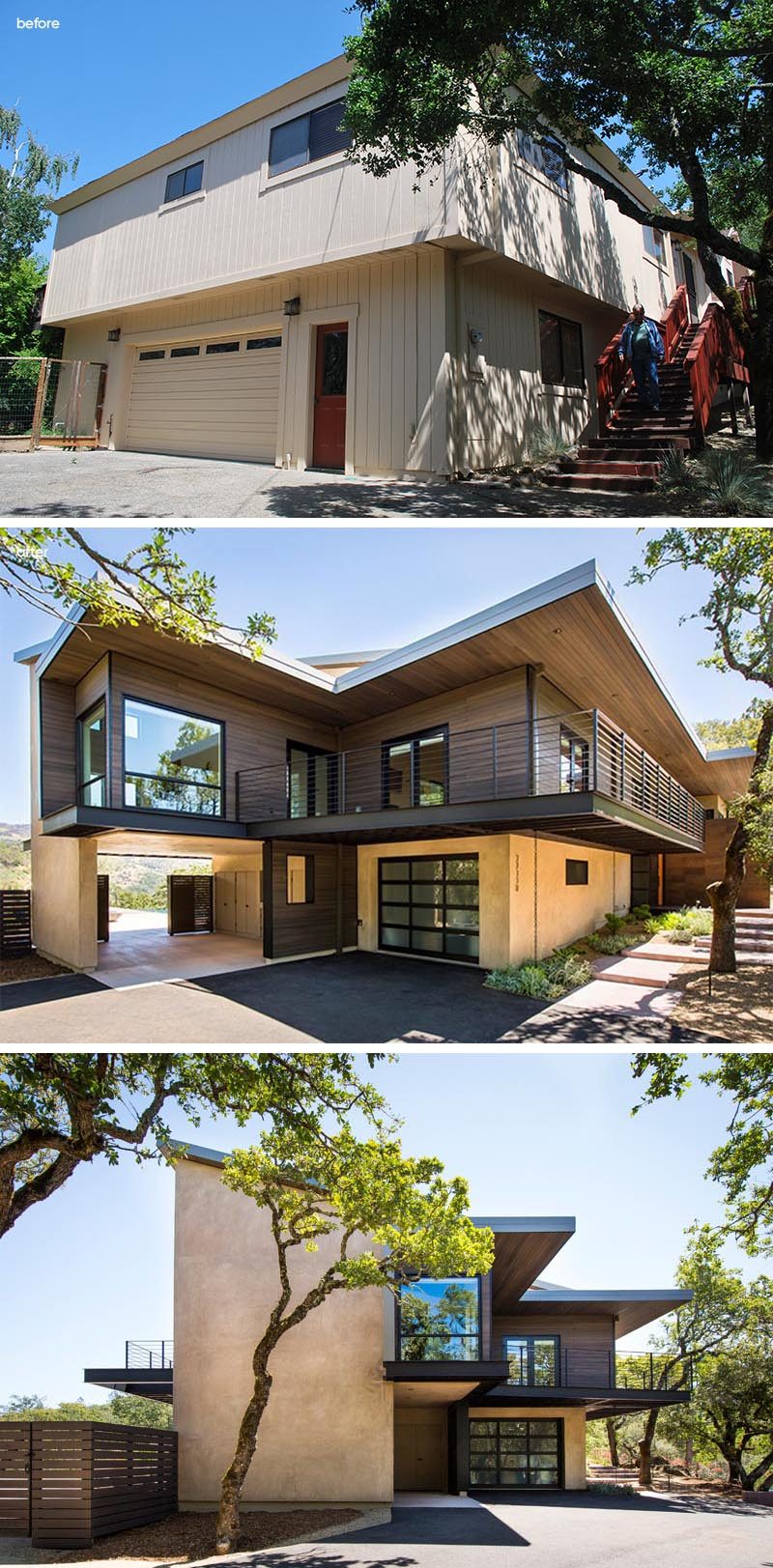 The original house had a tan colored vertical siding with no definition between the levels of the home. The renovation included covering the upper portion of the house with wood siding and expanding the eaves. #HouseRenovation #ModernRenovation #Architecture