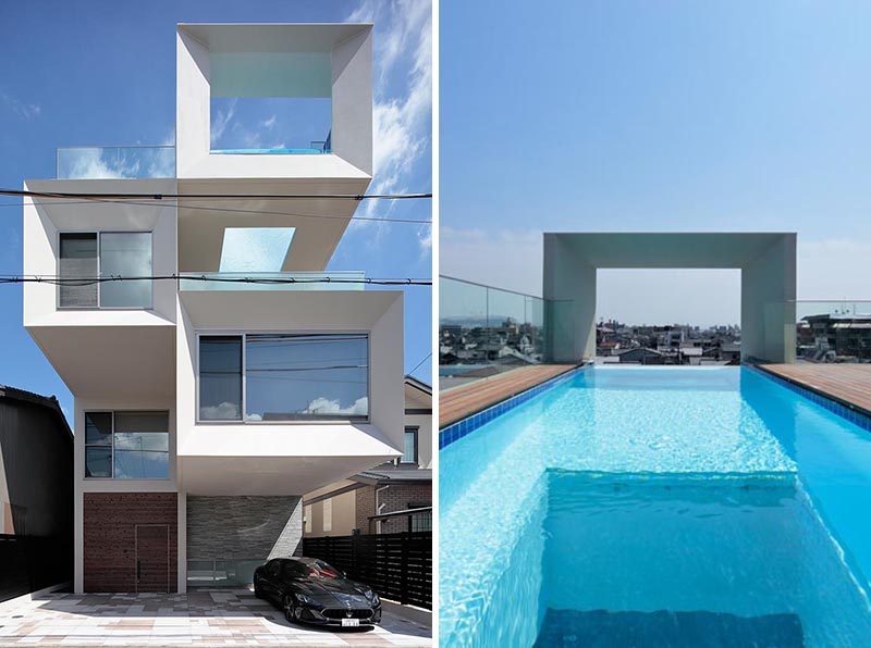 Architecture firm Eastern Design Office, has recently completed a new house in Kyoto, Japan, that features a unique, rooftop cantilevered swimming pool, that has a window through to the living room below. #SwimmingPool #Architecture #RooftopPool #CantilveredPool