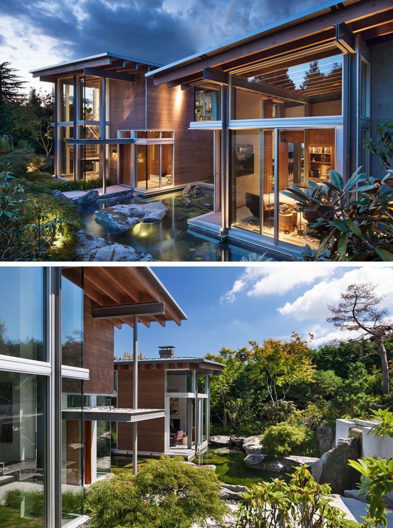 This northwest contemporary house has large windows, post and beam construction, and a garden with a water feature. #ModernHouse #HouseDesign #Architecture