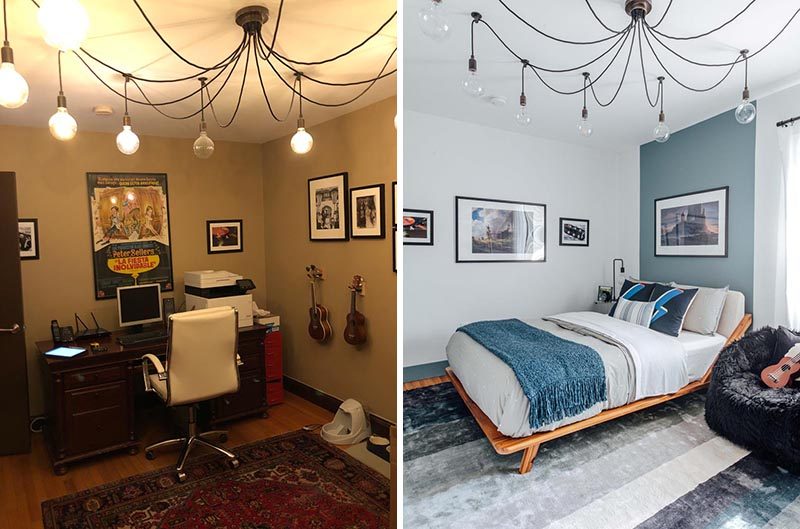 Before & After - A dark home office has been transformed into a blue and white boy's bedroom with a custom bookshelf and desk. #BedroomRenovation #BedroomMakeover #BoysBedroom #ModernBedroom #BedroomDesign