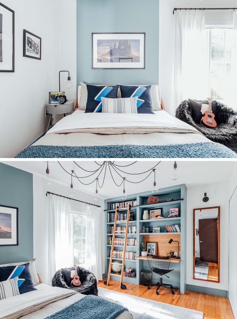 Before & After - A dark home office has been transformed into a blue and white boy's bedroom with a custom bookshelf and desk. #BedroomRenovation #BedroomMakeover #BoysBedroom #ModernBedroom #BedroomDesign