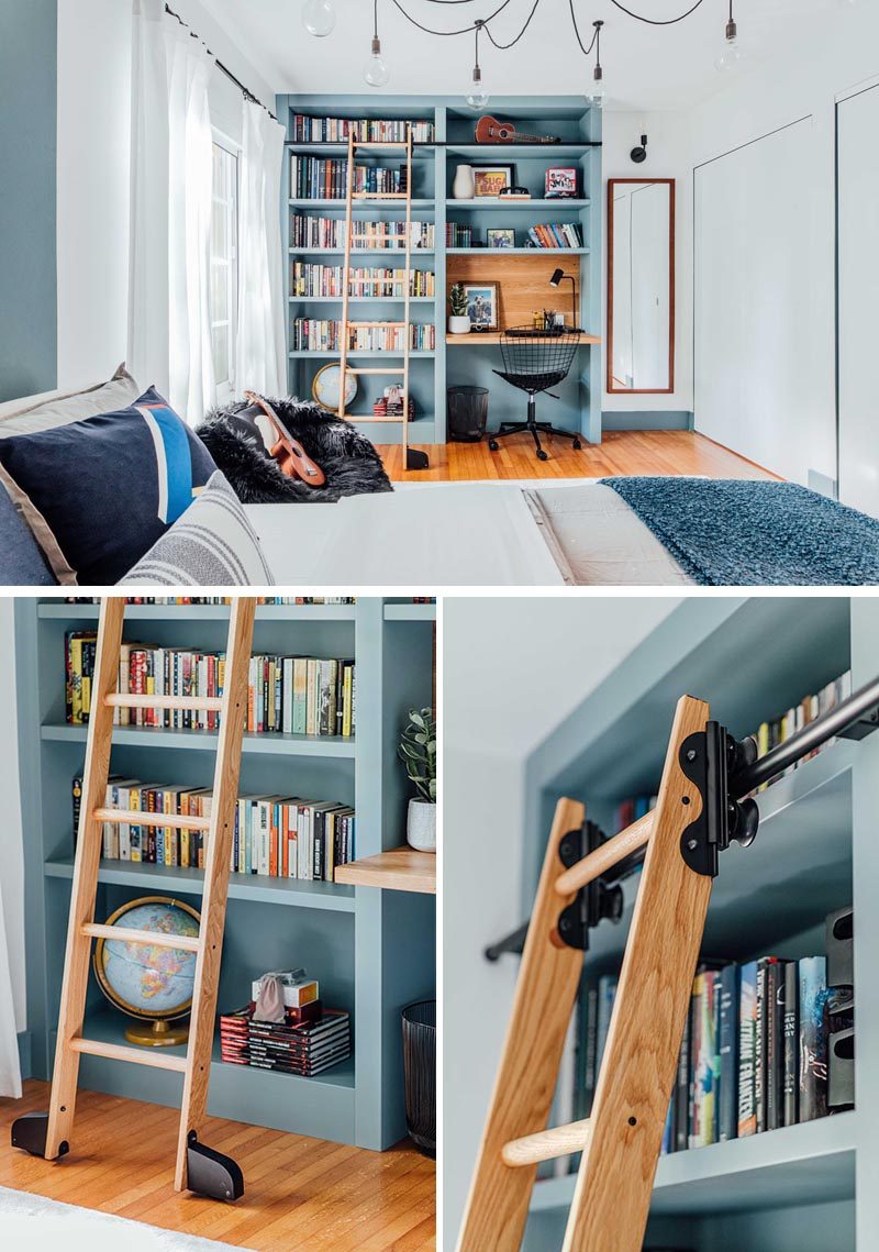 Before & After - A dark home office has been transformed into a blue and white boy's bedroom with a custom bookshelf and desk. #BedroomRenovation #BedroomMakeover #BoysBedroom #ModernBedroom #BedroomDesign