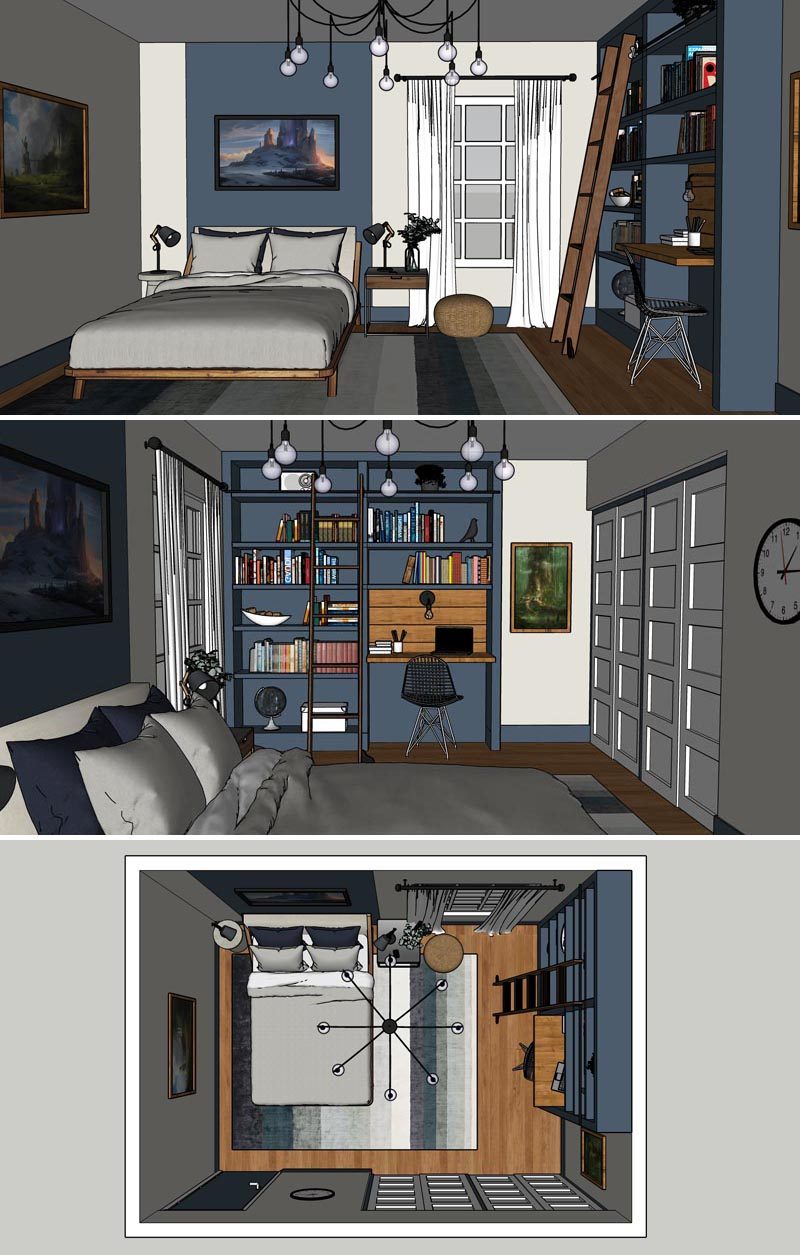 Before & After - Planning - A dark home office has been transformed into a blue and white boy's bedroom with a custom bookshelf and desk. #BedroomRenovation #BedroomMakeover #BoysBedroom #ModernBedroom #BedroomDesign