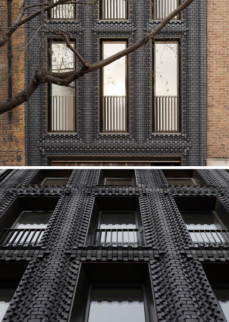 A building in London features a dark interlocking brick facade made from 5,000 blocks. #InterlockingBrick #DarkFacade #BrickFacade #Architecture