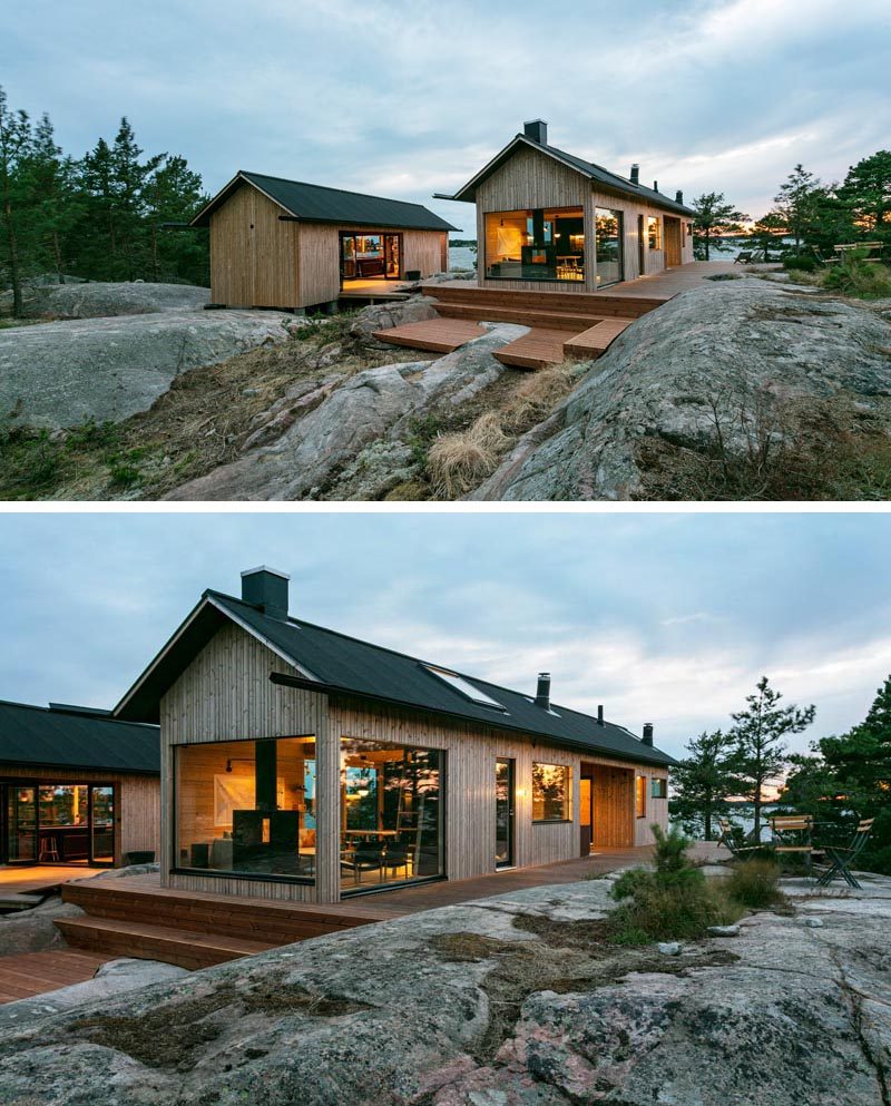 The design of these modern holiday cabins draw inspiration from traditional Finnish archipelago aesthetics, and feature cabled roof, long eaves, extended gutters, and vertical cladding. #HolidayHouse #ModernCabins #Architecture