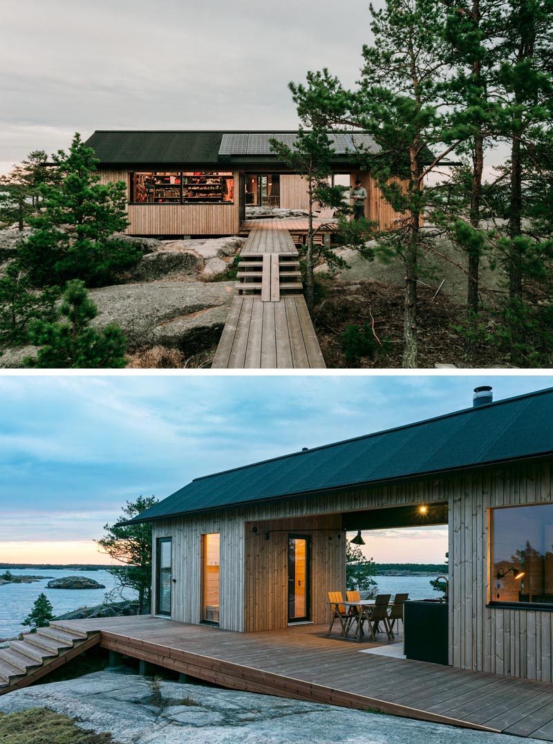 These modern cabins are long and narrow with large windows that take advantage of the views. They also allow various functions, like entertaining at one end, while children sleep in the other. #ModernCabins #HolidayHouse #Architecture