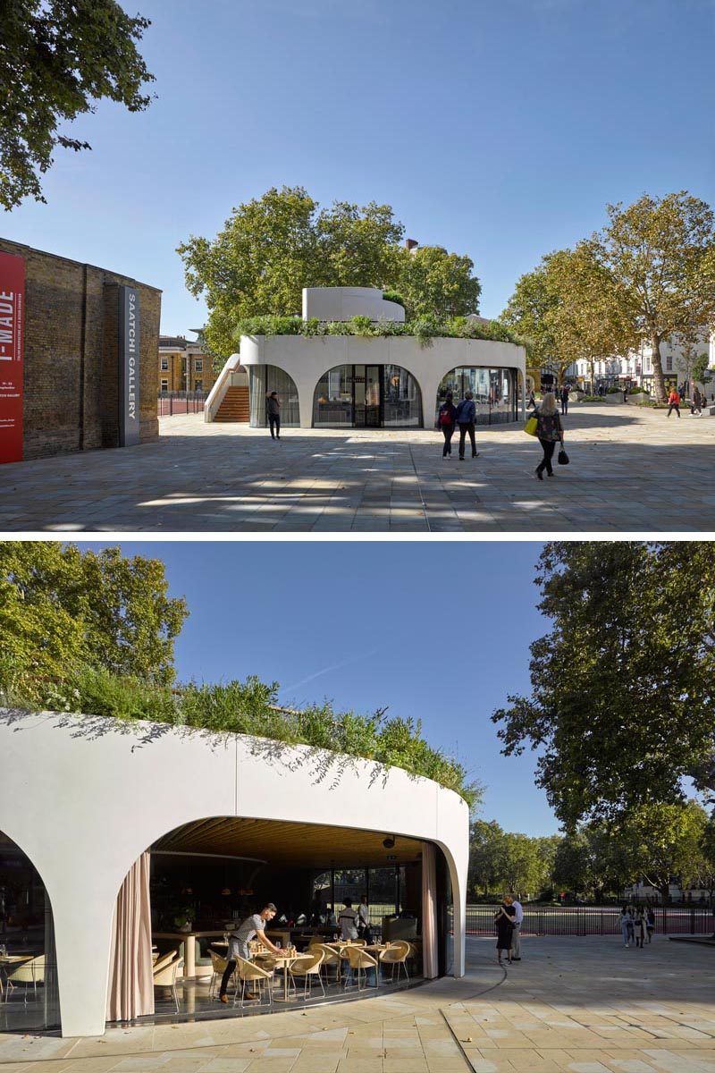 This new restaurant’s design includes a white concrete wall that curls upwards from the square and leads to a rooftop gathering place and garden. #ModernRestaurant #ModernArchitecture