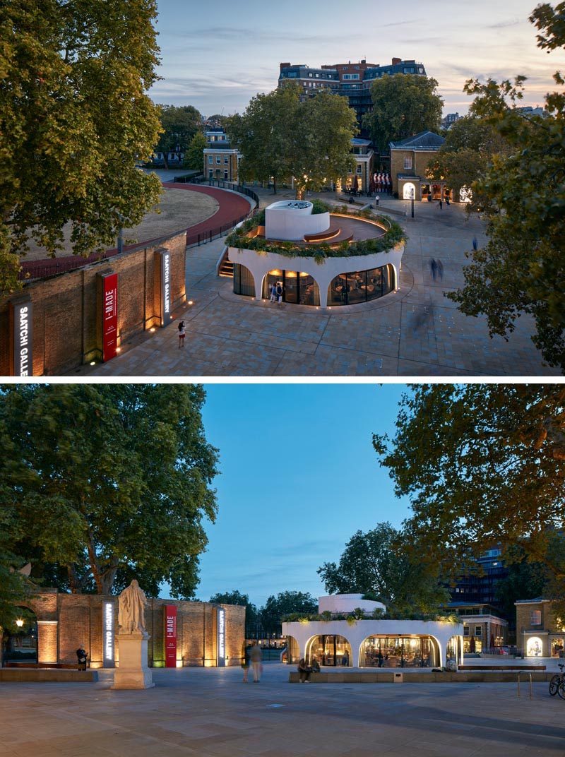 At night, soft external lighting highlights the shape of this modern restaurant and its rooftop. #ModernRestaurant #ExteriorLighting #Architecture