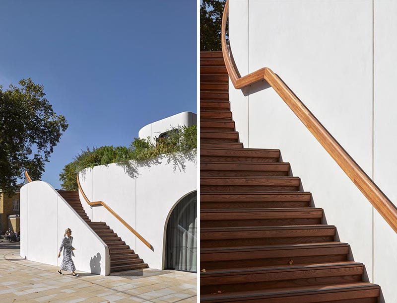 There's a gently curving staircase that leads to the rooftop garden above this modern restaurant. Open to the public, the garden is a place where people can relax, raised up from the bustle of the busy square and road below. #ExteriorStairs #Architecture #Stairs