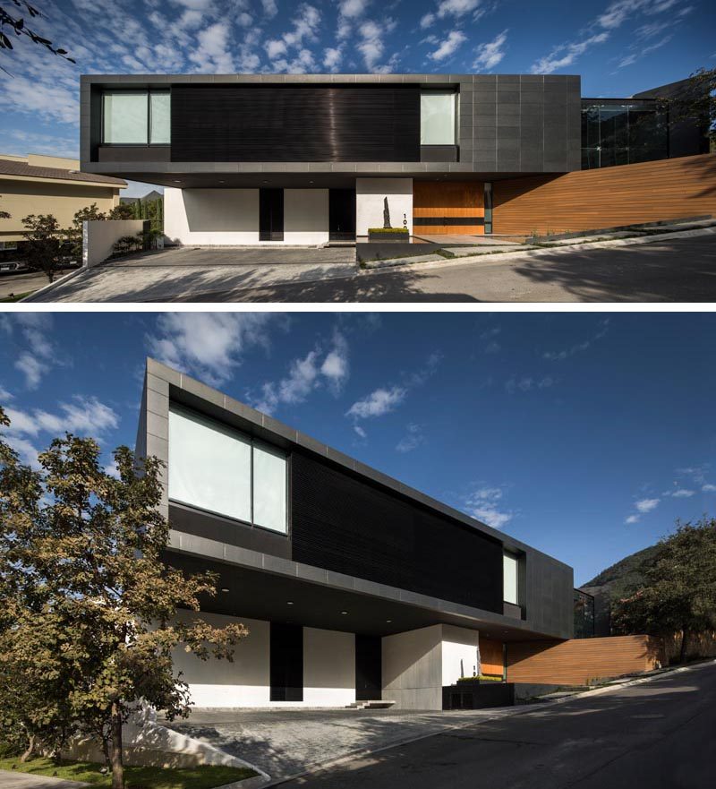 As this modern house is located on an irregular, down-sloped plot, the design of the house reflected this, and was created with three different levels to compensate for the slope. From the street, only the top and middle levels are visible. #ModernHouse #BlackPorcelainFacade #ModernArchitecture #WhiteConcrete