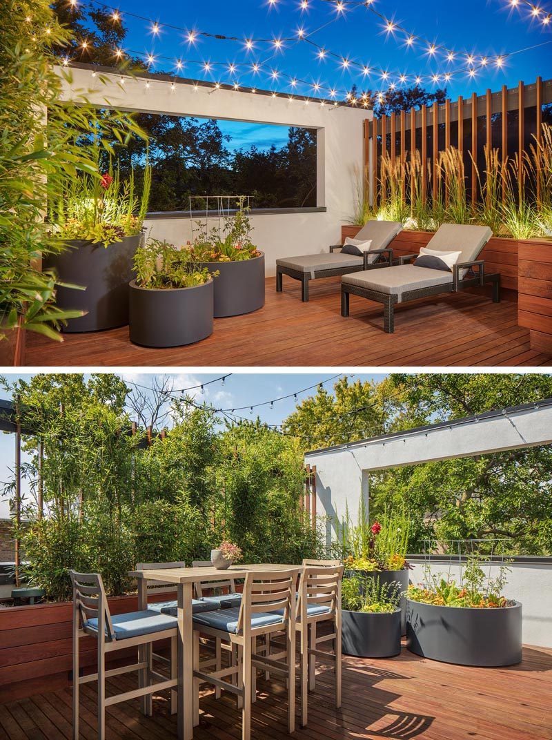 This modern house has been designed with two small private areas off the third floor. These were designed for sun bathing, a cup of coffee or a cocktail, or a soak in the hidden hot tub. Minimalist round grey planters add an interesting design touch that contrasts the overall use of wood. #Patio #OutdoorSpace #Deck #Landscaping