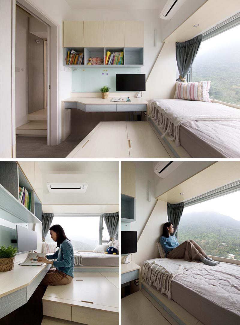In this small bedroom, the bed has been raised up onto a platform, allowing for storage underneath and uninterrupted views of the surrounding landscape. #Bedroom #PlatformBed #SmallBedroom #Desk