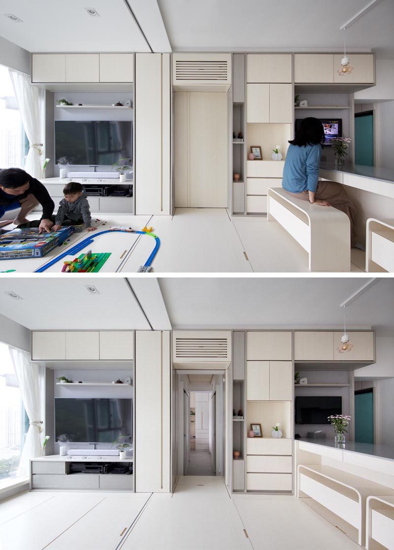In this small apartment, a pocket door slides open to reveal the bedrooms and bathroom. #PocketDoor #SmallApartment #ApartmentDesign