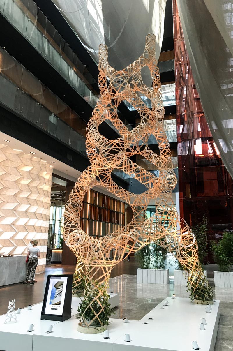 AntiStatics Architecture has designed a bamboo tower installation called "Woven Grove", that was exhibited at Design China Beijing 2019. #ModernSculpture #BambooSculpture #ArtInstallation