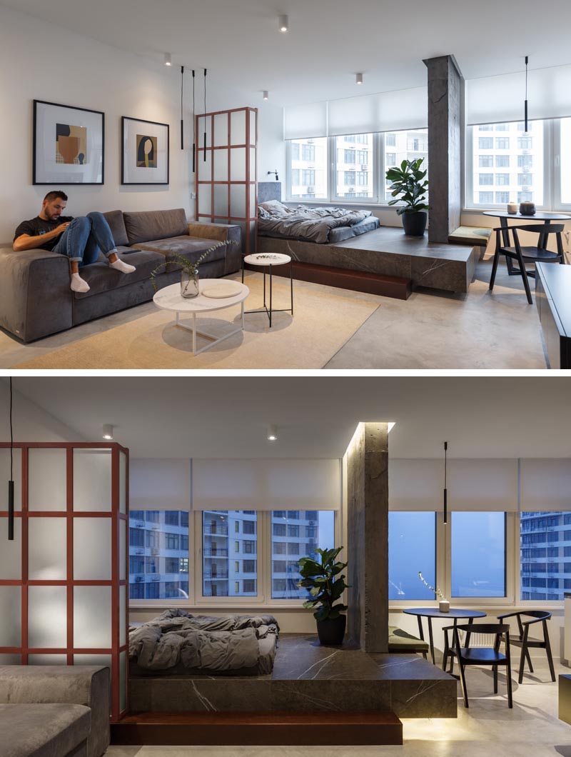 This Small Apartment Designated Space For The Bedroom By Placing It On A Raised Platform