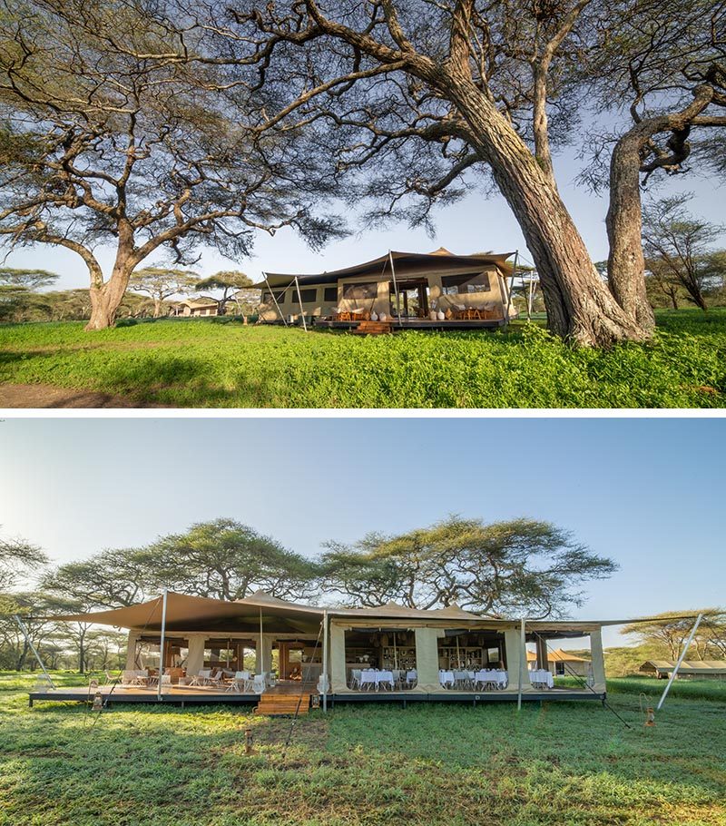 The Roving Bushtops’ central mess tent combines a restaurant, a lounge, and a covered deck. #Safari #Serengeti
