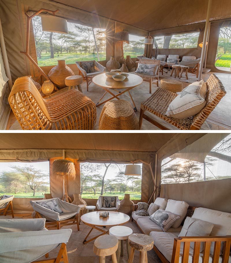 Inside a mess tent at a modern safari camp, the furnishings have been kept to a earthy color palette, with woods and light colored cushions.  #Travel #Serengeti