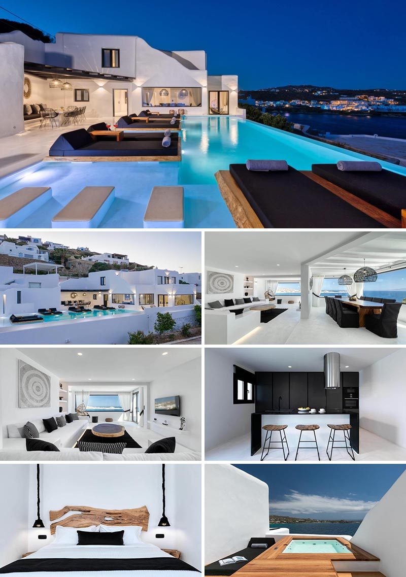 Featuring elements from traditional Cycladic architecture, Villa Atelier provides unobstructed views of the Mykonos coastline and the Aegean Sea. #Mykonos #VacationIdeas #MykonosVillas