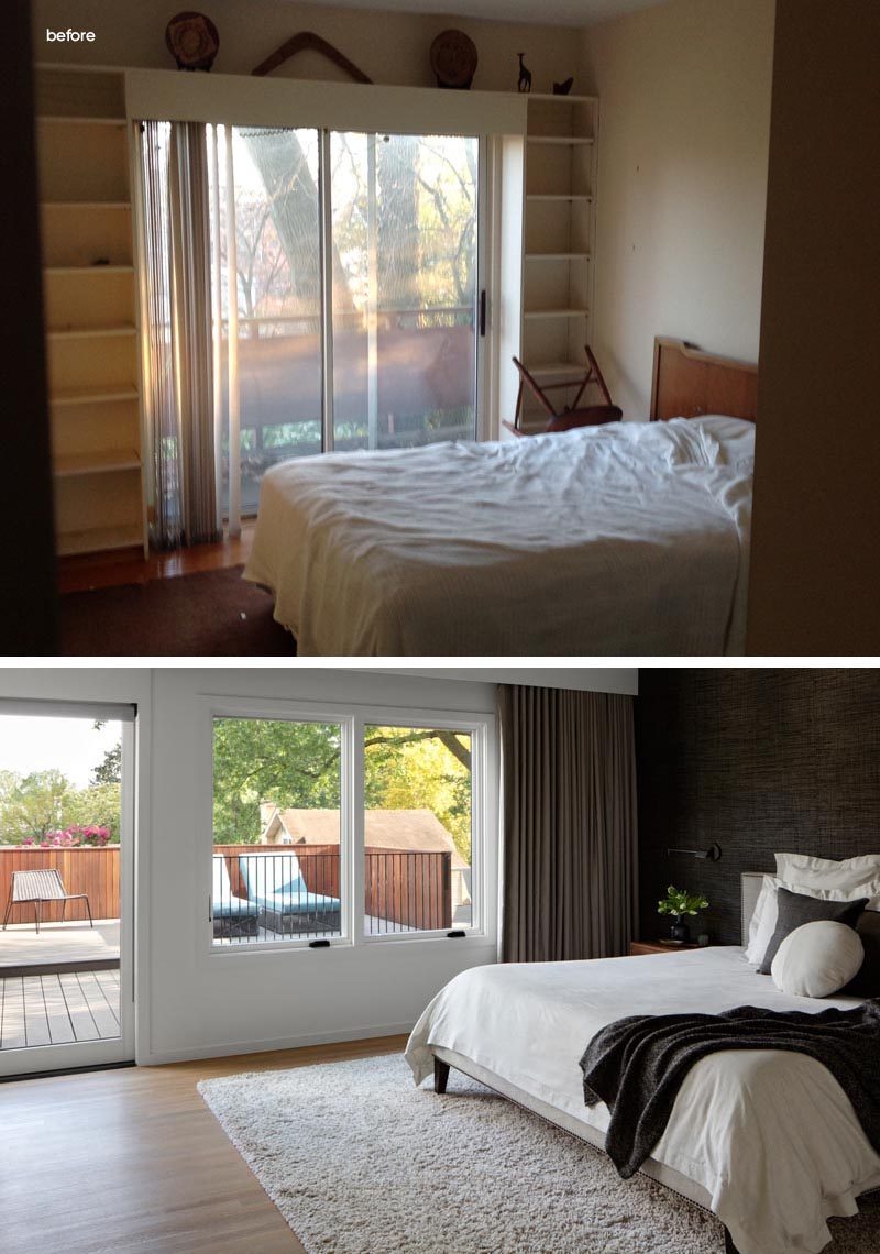 Before and After - This master bedroom originally had shelving that wrapped around the door that led to the balcony at the rear of the house. The new and updated master bedroom has two large windows and a sliding door that opens to the new rooftop patio that overlooks the backyard. #MasterBedroom #BedroomRenovation #BedroomRemodel