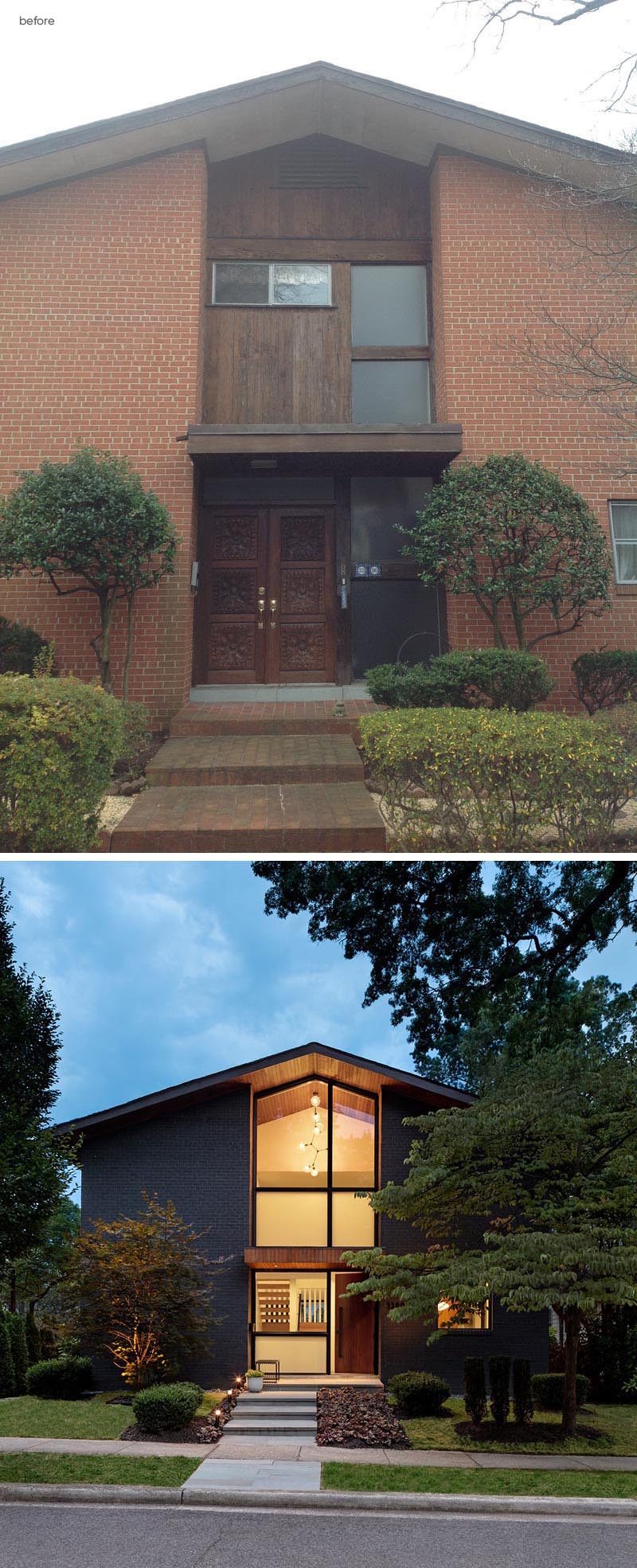 This updated house how has charcoal colored stained brick, mahogany siding, and large windows that show off the lighting and wood ceiling. #ModernRenovation #ModernRemodel #HouseRenovation #Architecture #Windows