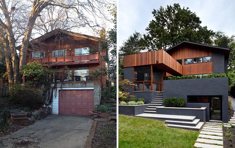 Before And After - From this angle, you can see how much the rear of this home has changed. The garage was transformed into a gym, the top balcony was extended to become a rooftop patio, and modern light colored steps connect the screened patio with the backyard. Built-in planters have been used to soften the black stained exterior. #Architecture #Landscaping #ModernHouse