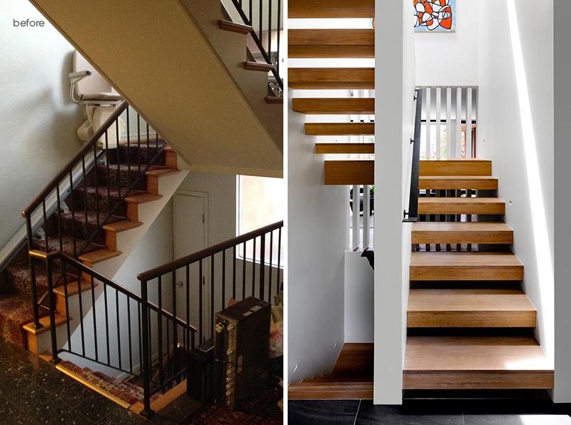Before & After -  The installment of skylights above the staircase brightens up the entryway and reflects the light off the warmth of the wooden floor. #Stairs #ModernStairs