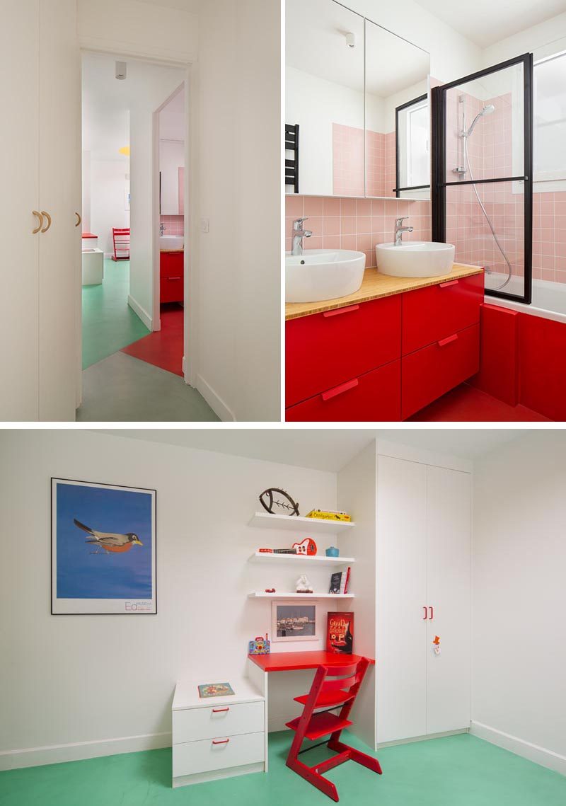 The design of this modern apartment includes a statement red bathroom with soft pink tiles, and a bedroom that has a mint green floor. #RedCabinets #MintGreenFloor #RedBathroom #PinkTiles