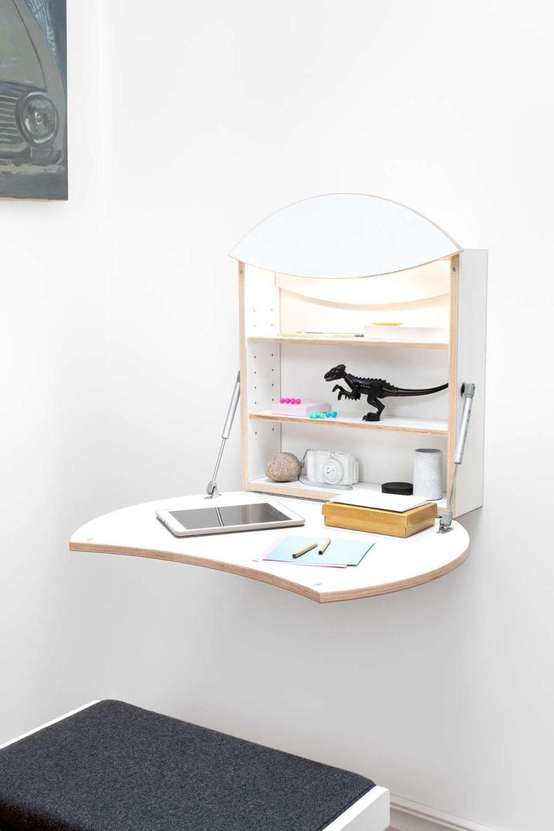 Designer Michael Hilgers has created RADIUS, a fold-down work station for people who don’t need a desk every day. #WallDesk #FoldableWallDesk #DeskIdeas