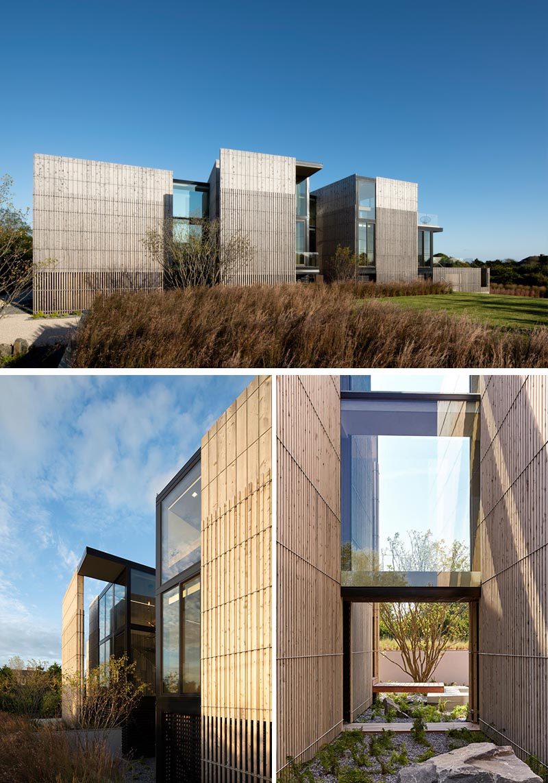 Bates Masi + Architects has completed a new and modern house in Sagaponack, New York, that has an elevated design due to the it being located on a flood-prone site. #ModernHouse #ModernArchitecture #HouseDesign #WoodFacade